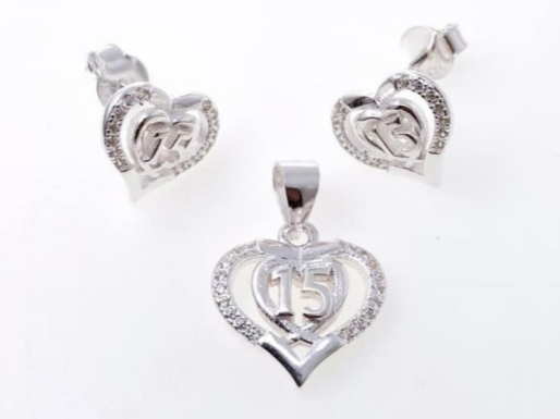 PSET2249 SET 15 AÑOS CORAZON CON ZIRCONIA BLANCO PLATA 9.25