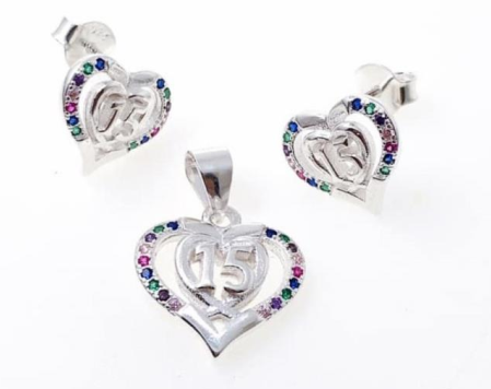 PSET2251 SET 15 AÑOS CORAZON CON ZIRCONIA MULTICOLOR PLATA 9.25