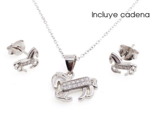PSET2307 SET CABALLO ANIMAL CON ZIRCONIA BLANCO PLATA 9.25