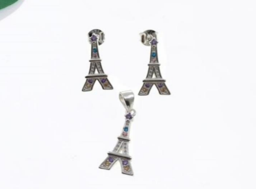 PSET2357 SET TORRE EIFFEL PARIS CON ZIRCONIA BLANCO PLATA 9.25