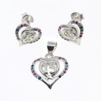 PSET2386 SET CORAZON 15 AÑOS CON ZIRCONIA MULTICOLOR BLANCO PLATA 9.25