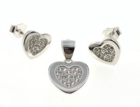 PSET2392 SET CORAZON CON ZIRCONIA BLANCO PLATA 9.25