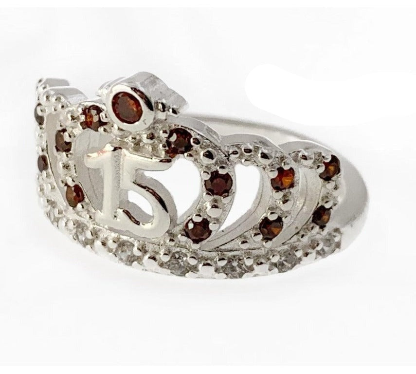 PANI1103 ANILLO 15 AÑOS CORONA CON PIEDRAS ROJAS, PLATA 925