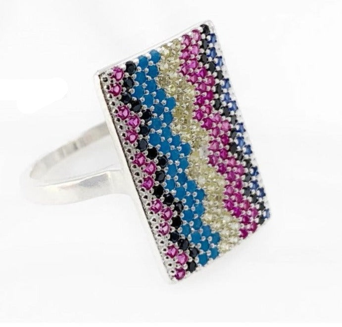 PANI1133 ANILLO RECTANGULAR CON CIRCONES DE COLORES, PLATA 925