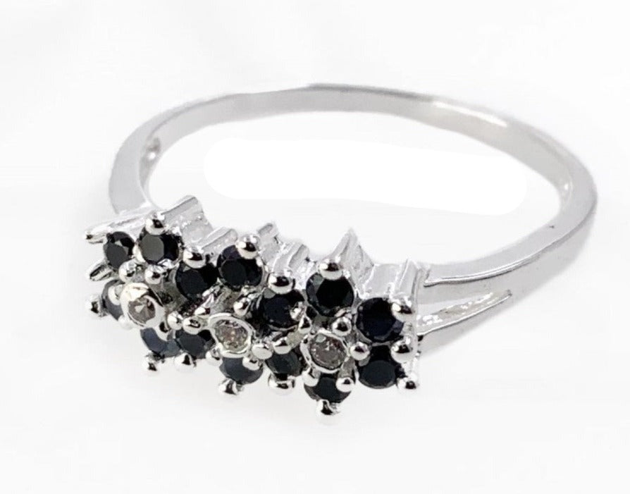 PANI1182 ANILLO DE FLORES CON CIRCONES NEGROS, PLATA 925