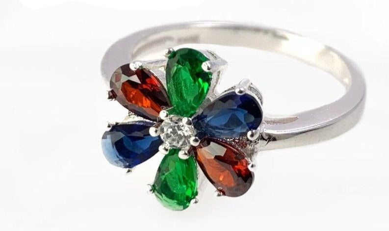 PANI1194 ANILLO DE FLOR CON PIEDRAS DE COLORES, PLATA 925