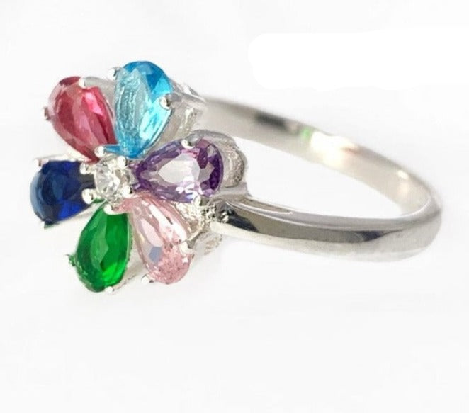 PANI1195 ANILLO DE FLOR CON PIEDRAS DE COLORES, PLATA 925