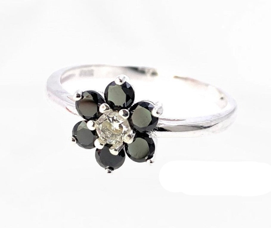 PANI1200 ANILLO DE FLOR PIEDRAS NEGRAS, PLATA 925