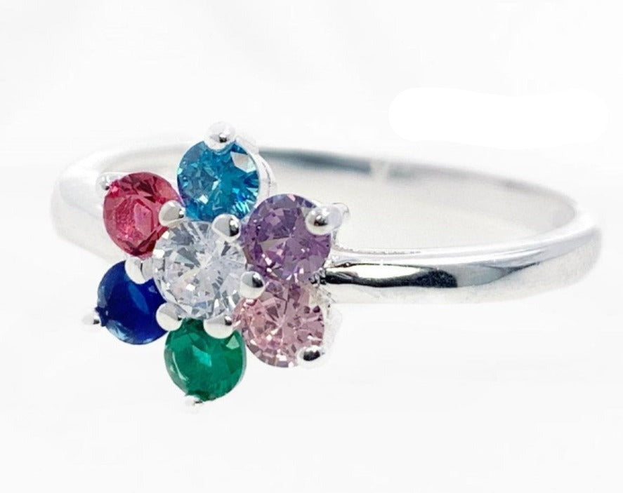 PANI1201 ANILLO DE FLOR CON PIEDRAS DE COLORES, PLATA 925