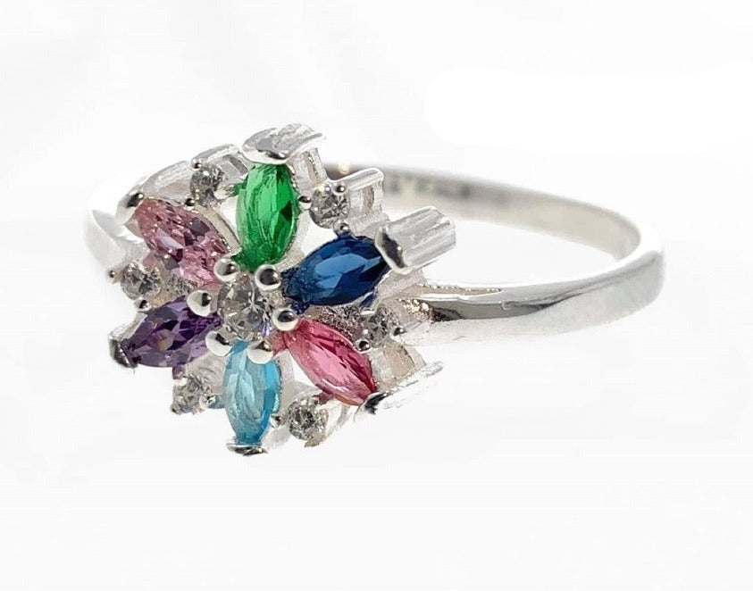 PANI1202 ANILLO DE FLOR CON PIEDRAS DE COLORES, PLATA 925