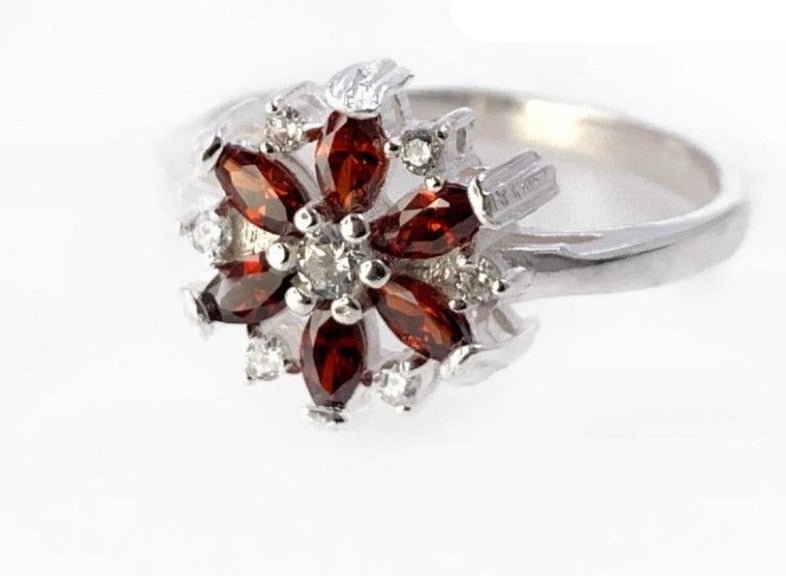 PANI1203 ANILLO DE FLOR PIEDRAS ROJAS, PLATA 925