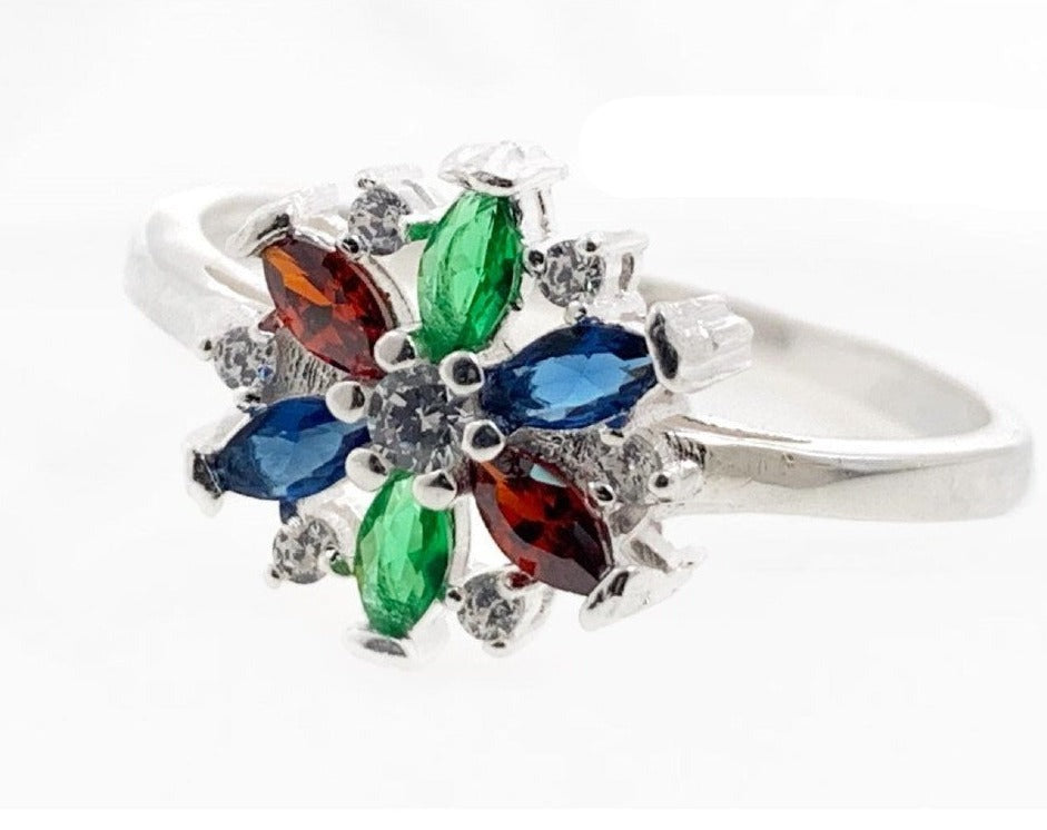 PANI1204 ANILLO DE FLOR CON PIEDRAS DE COLORES, PLATA 925