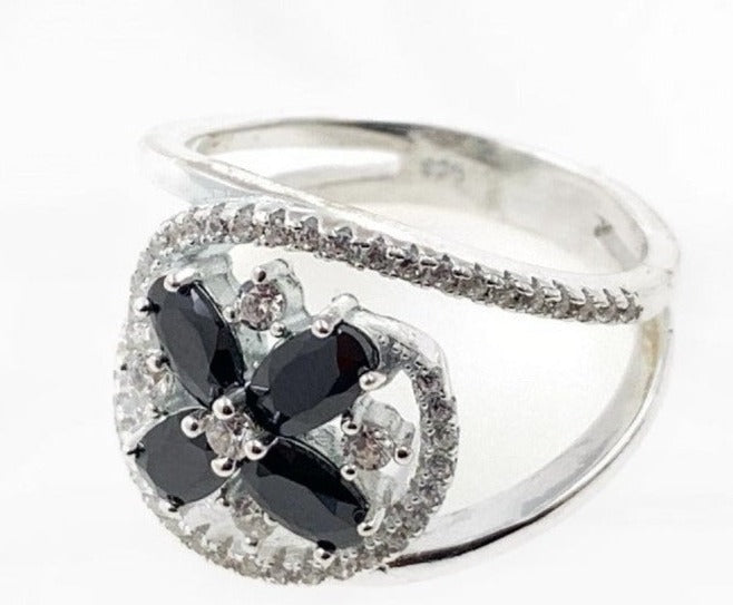 PANI1214 ANILLO CON CIRCONES Y PIEDRAS NEGRAS, PLATA 925
