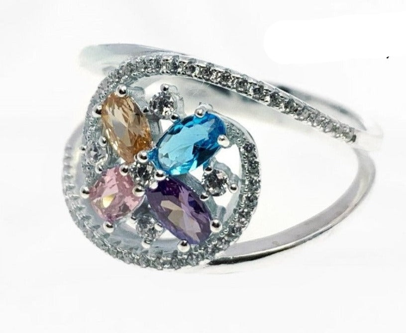 PANI1215 ANILLO CON CIRCONES Y PIEDRAS DE COLORES, PLATA 925