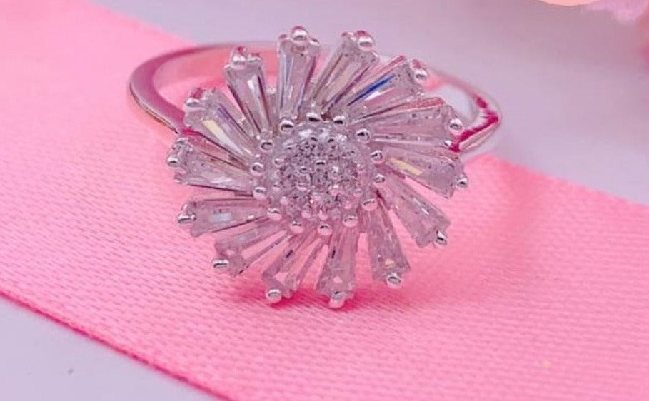 PANI653 ANILLO DE FLOR CON PIEDRAS TRANSPARENTES, PLATA 925