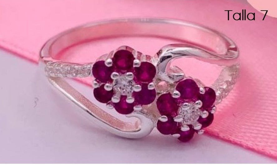 PANI663 ANILLO DE FLORES CON PIEDRAS FUCSIA, PLATA 925