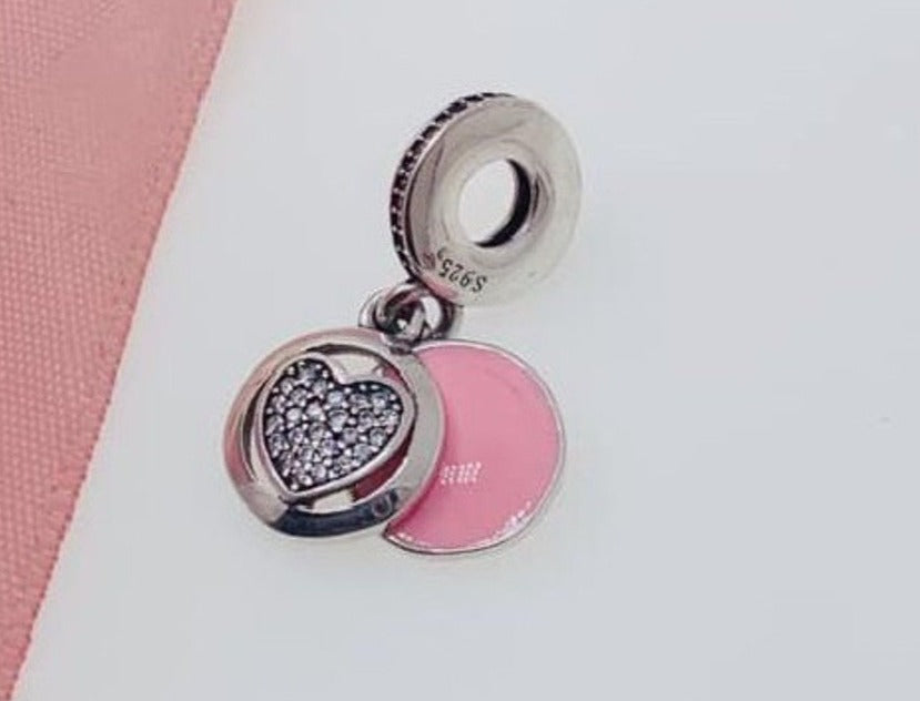 PCHARM1464 COLGANTE DOBLE FONDO ROSADO Y CORAZON CON CIRCONES