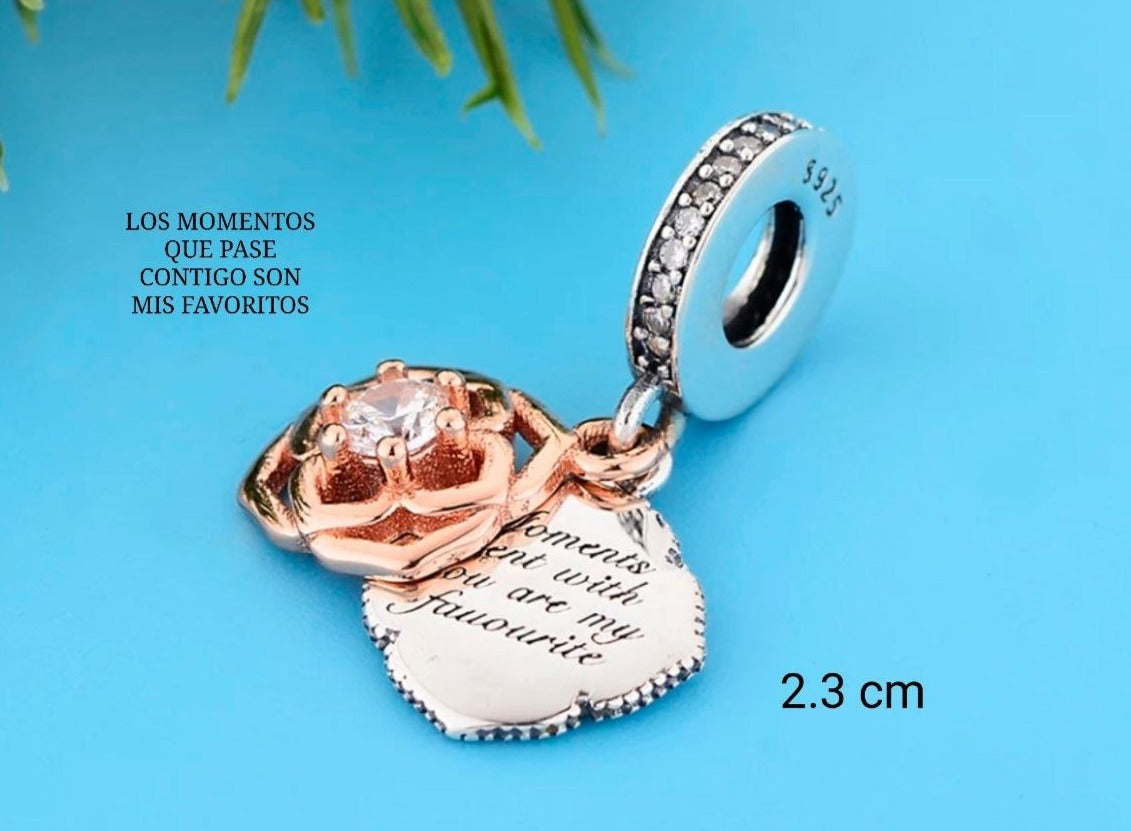 PCHARM2641 COLGANTE DOBLE DE FLOR ROSE CON MENSAJE