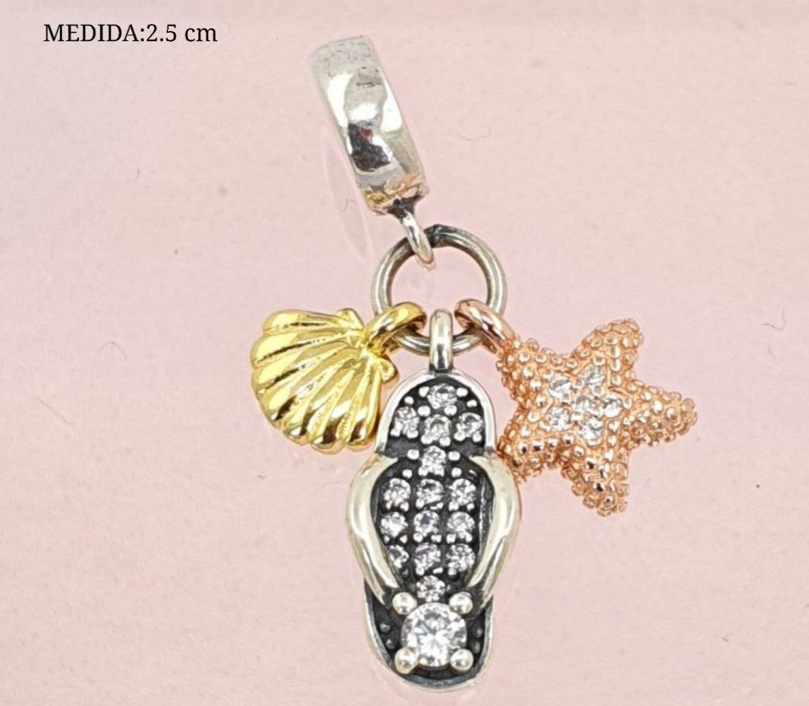 PCHARM2772 COLGANTE TRIPLE CONCLA DE MAR, ESTRELLA DE MAR Y CHANCLETA