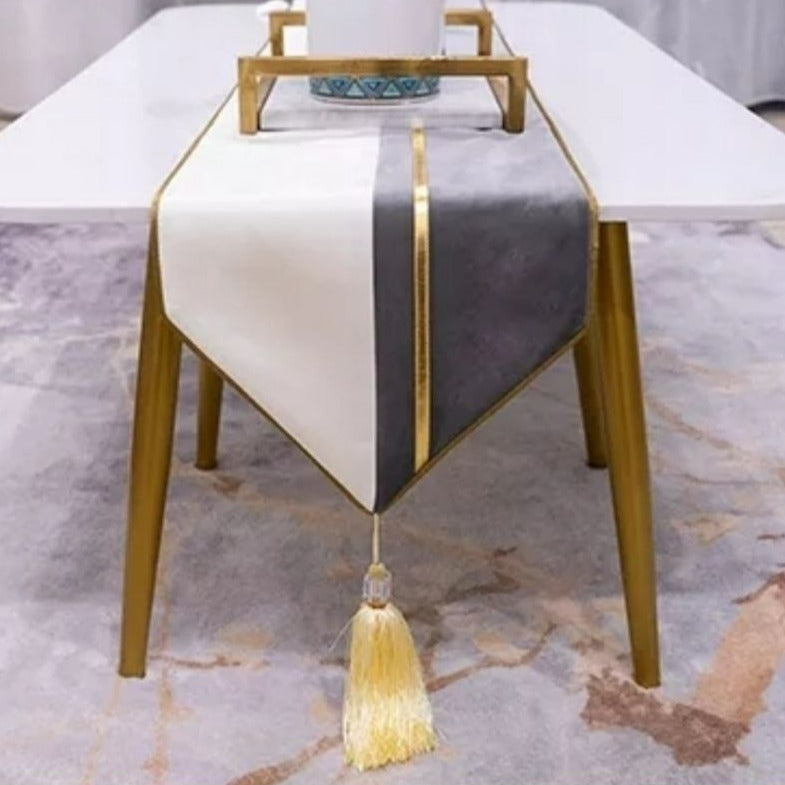 MANTEL CAMINO DE MESA MEDIDA 32X240CM GRIS CON BLANCO