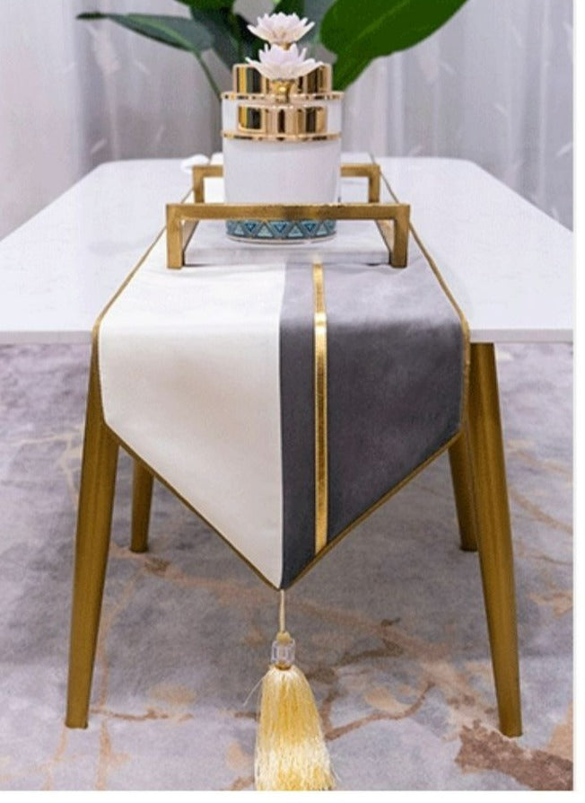 MANTEL CAMINO DE MESA MEDIDA 32X210CM GRIS CON BLANCO