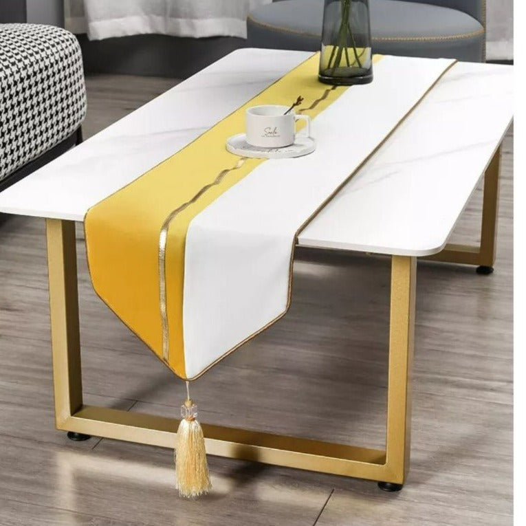 MANTEL CAMINO DE MESA MEDIDA 32X180CM AMARILLO CON BLANCO