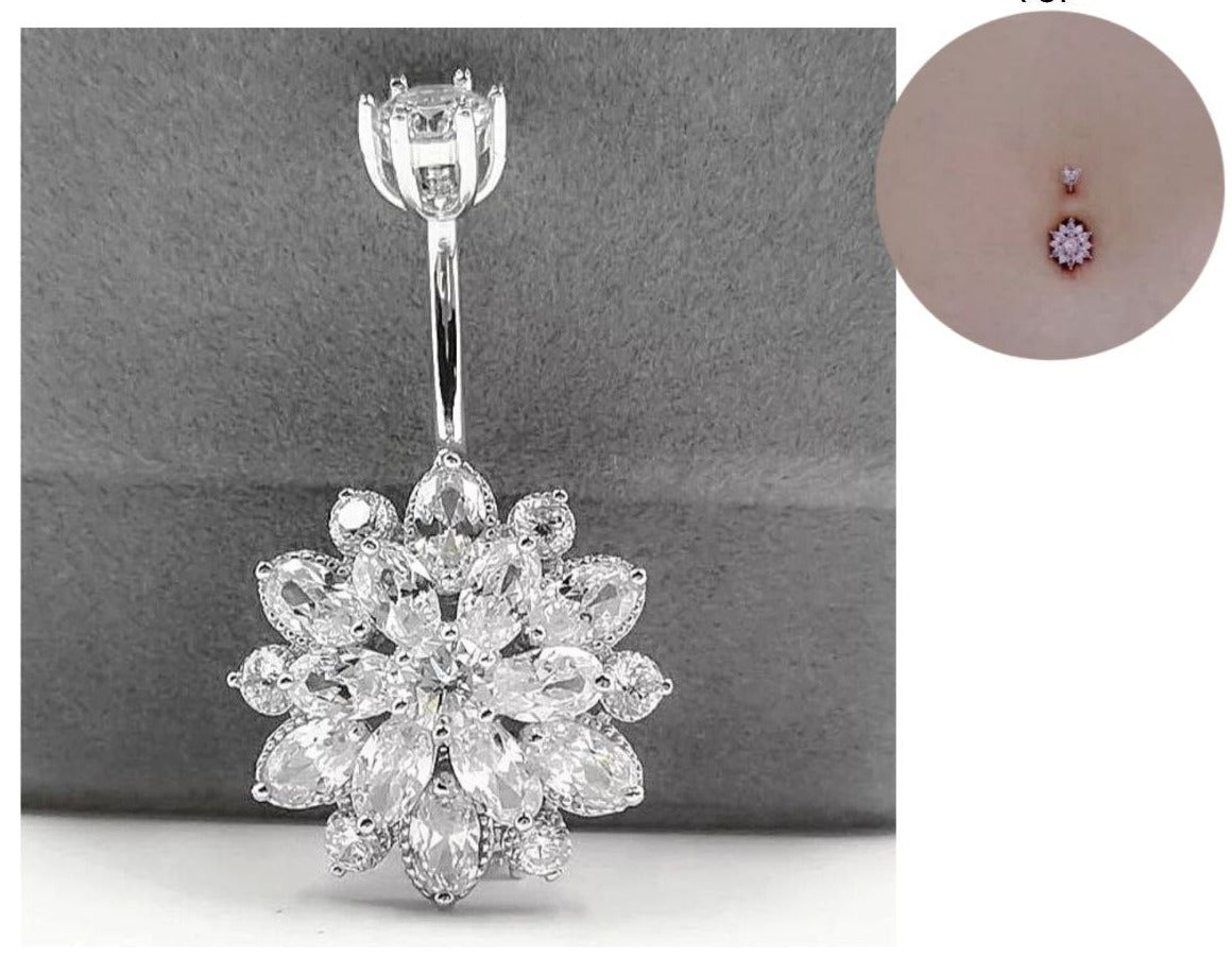 PIERCING DE PLATA 9.25 PARA OMBLIGO EN FORMA DE FLOR PESO 4.2G