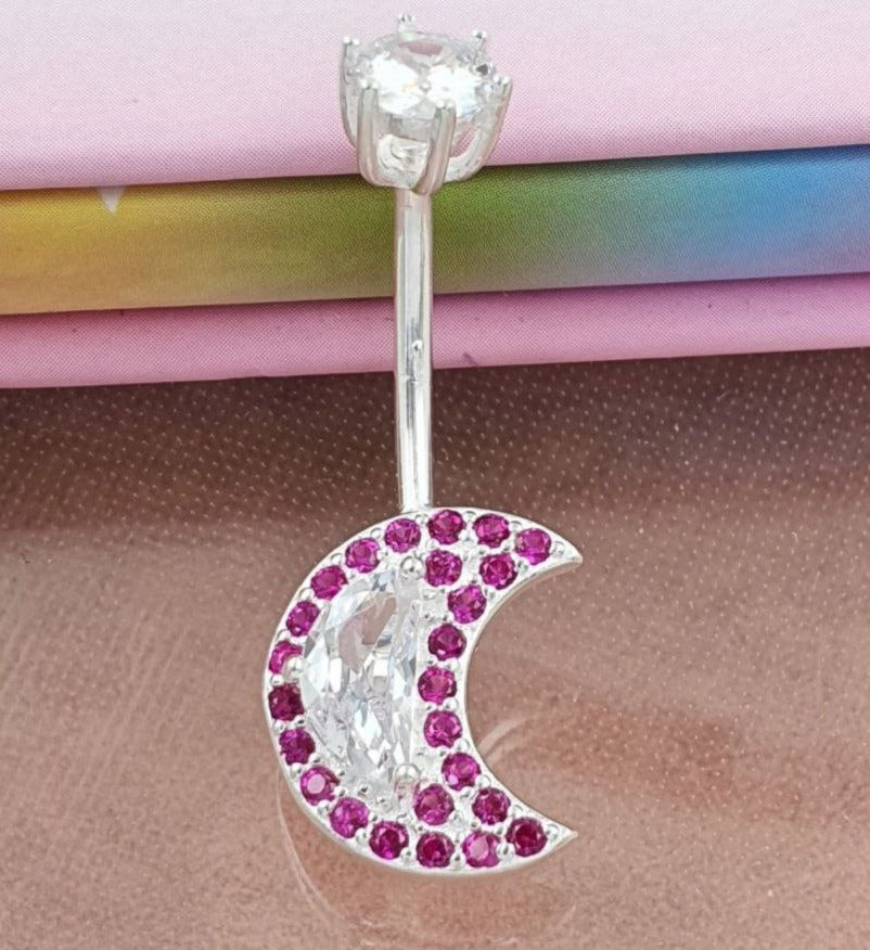 PIERCING DE PLATA 9.25 PARA OMBLIGO EN FORMA DE LUNA CON CIRCONES FUCSIA