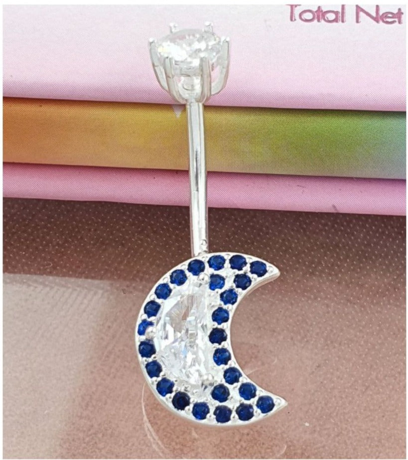 PIERCING DE PLATA 9.25 PARA OMBLIGO EN FORMA DE LUNA CON PIEDRAS AZULES