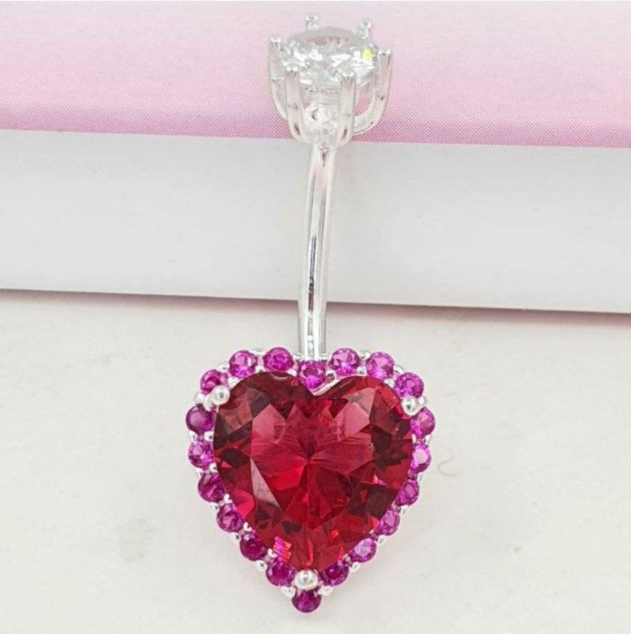 PIERCING DE PLATA 9.25 PARA OMBLIGO DE CORAZON FUCSIA PESO 3.4