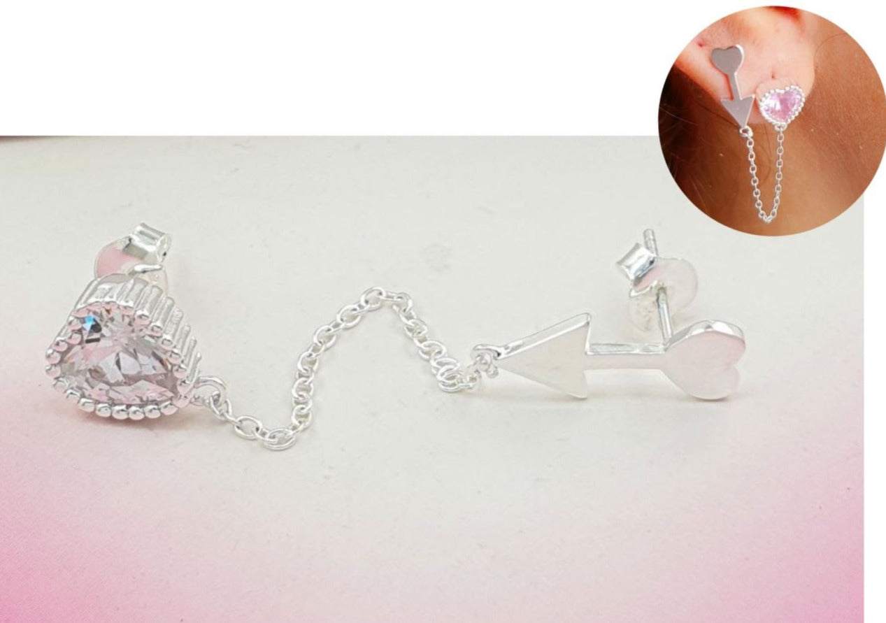 PIERCING DE PLATA 9.25 TREPADOR DOBLE DE CORAZON ROSA PASTEL Y FLECHA