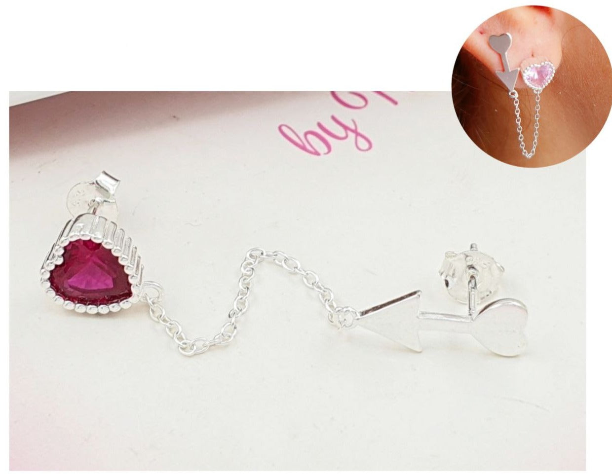 PIERCING DE PLATA 9.25 TREPADOR DOBLE DE CORAZON FUCSIA Y FLECHA