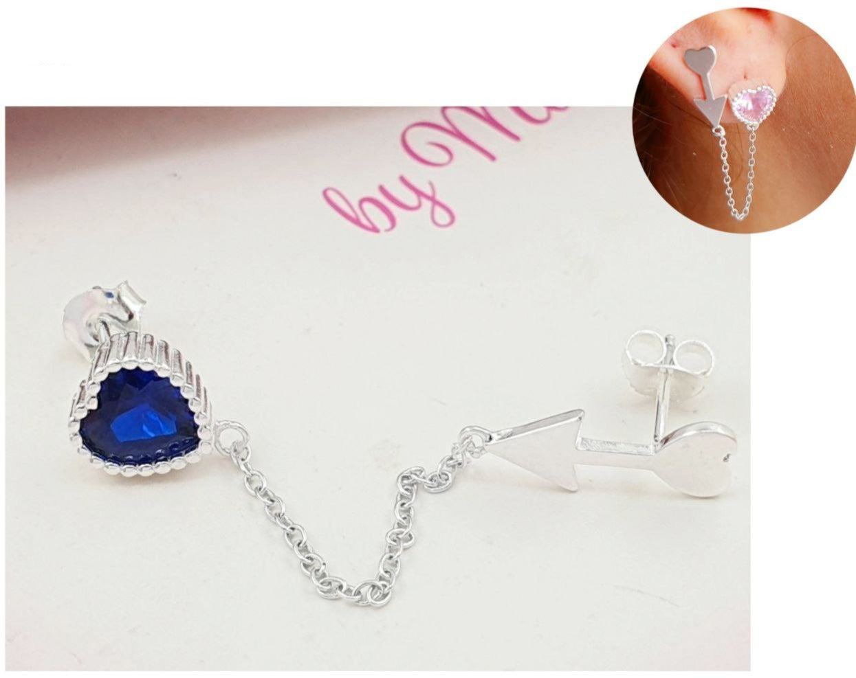 PIERCING DE PLATA 9.25 TREPADOR DOBLE DE CORAZON AZUL Y FLECHA