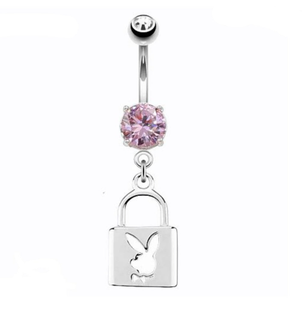 PIERCING DE PLATA 9.25 PARA OMBLIGO DE PLAY BOY CON PIEDRA ROSA