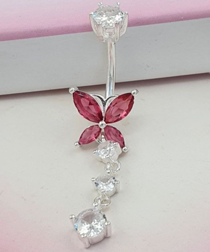 PIERCING DE PLATA 9.25 PARA OMBLIGO DE MARIPOSA FUCSIA