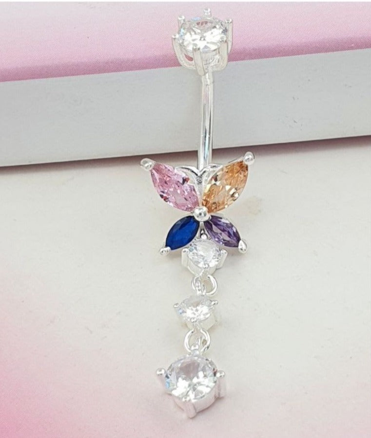 PIERCING DE PLATA 9.25 PARA OMBLIGO DE MARIPOSA MULTICOLOR