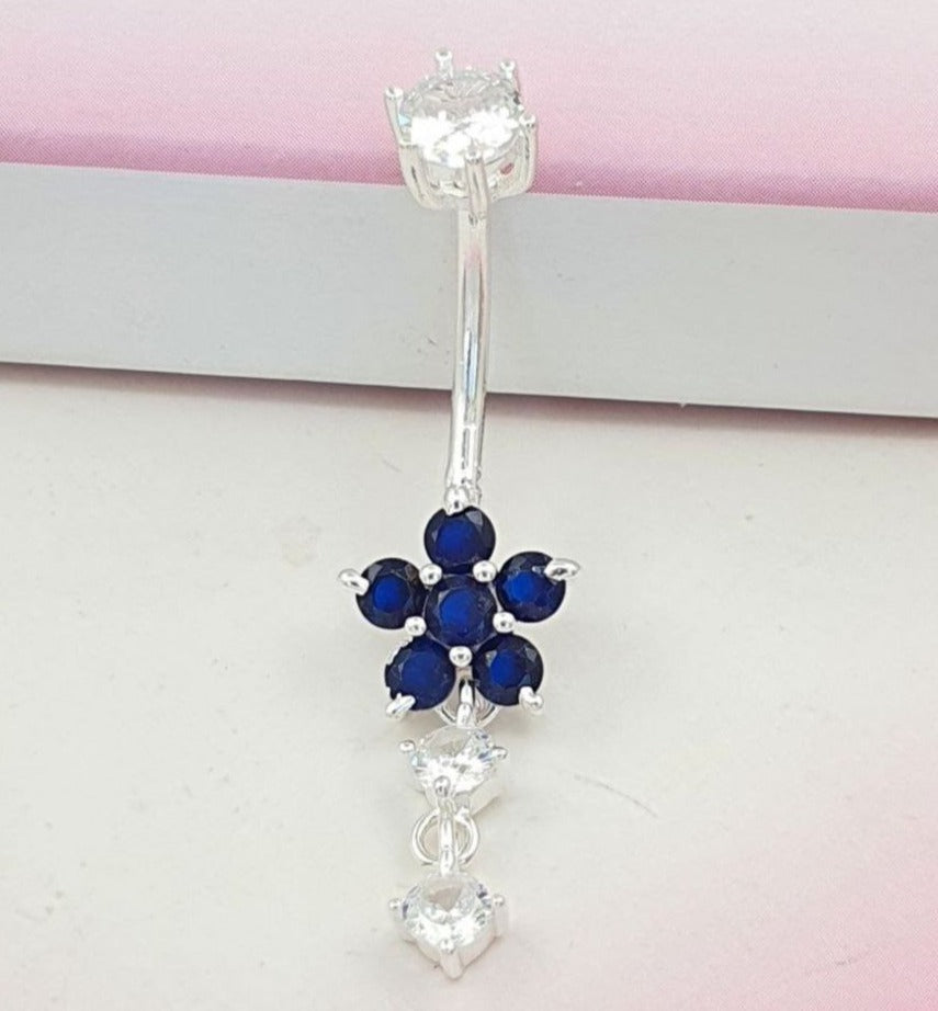 PIERCING DE PLATA 9.25 PARA OMBLIGO EN FORMA DE FLOR AZUL