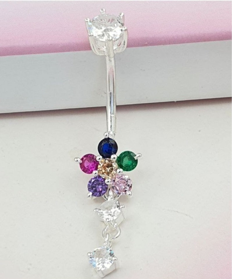 PIERCING DE PLATA 9.25 PARA OMBLIGO EN FORMA DE FLOR MULTICOLOR