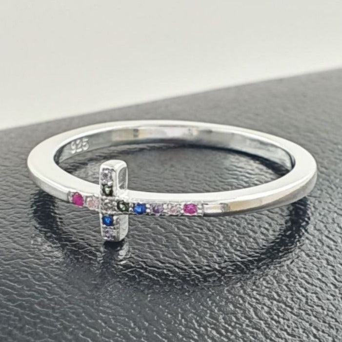 PANI1841C ANILLO DE CRUZ CON CIRCONES DE COLORES, PLATA 925