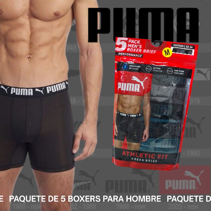 ROPA INTERIOR PARA CABALLERO PUMA ATHLETIC FIT BOXER BRIEF 5 UNIDADES TALLA MEDIUM 32-34 (M)