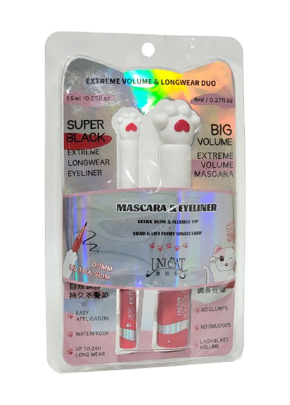 MASCARA PARA PESTAÑAS RIMEL DUO SET DE OJOS LARGA DURACION, DELINEADOR VOLUMEN EXTREMO 1.5ML, MASCARA VOLUMEN EXTREMO SIN GRUMOS 8ML ORIGINAL UNICAT