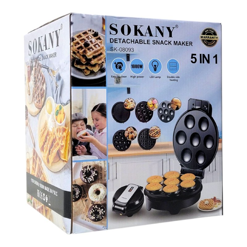 MAQUINA DE SNACKS CHUCHERIAS, DESMONTABLE 5 EN 1, POTENCIA 1000W, FACIL DE LIMPIAR, CALEFACCION DOBLE CARA SOKANY SK-08093