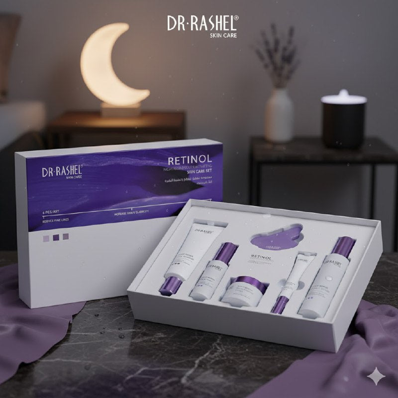 SET DE CUIDADO FACIAL DE 6 PIEZAS DE REPARACION NOCTURNA REJUVENECEDORA DR RASHEL, LIMPIADOR FACIAL 120G, TONICO 100ML, SUERO 50ML, CREMA NOCHE 50G, CREMA DE OJOS 20G Y MASAJEADOR FACIAL