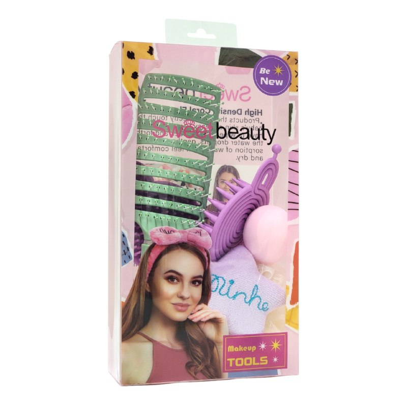 SET DE CUIDADO PERSONAL, ESPONJA MAQUILLAJE, ESPONJA DE BAÑO Y CEPILLO DE PELO SWEET BEAUTY