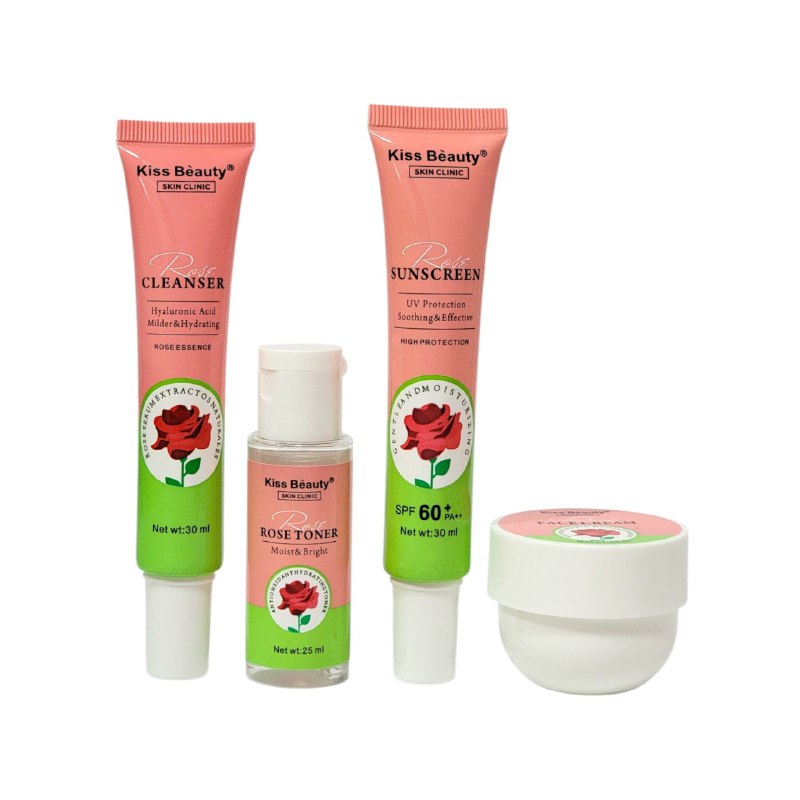 SET FACIAL DE VIAJE DE SUERO DE ROSA LIMPIADOR FACIAL 30ML, TONICO 25ML, CREMA 35ML, PROTECTOR SOLAR 30ML KISS BEAUTY