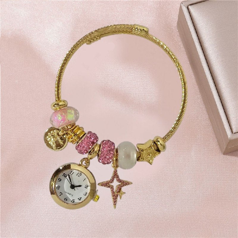 RELOJ ECONOMICO ESTILO PANDORA PARA DAMA DE ACERO CON BAÑO DE ENCHAPE