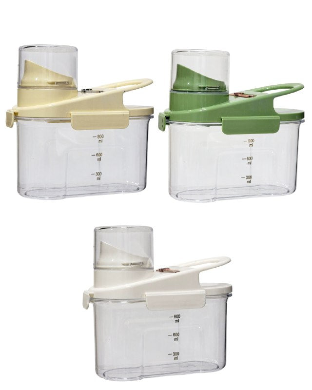 ALMACENADOR DISPENSADOR DE ALIMENTOS CEREALES O GRANOS 900ML, EQUIPADO CON LINEA MEDIDORA Y TAPADERA DE USO FACIL 3 COLORES