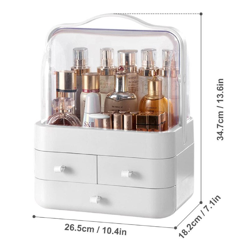 ORGANIZADOR ESTANTE DE COSMETICOS, MAQUILLAJE CAJA DE ALMACENAMIENTO CON CUBIERTA LIBRE DE POLVO, MANGO, PORTATIL, TAPA IMPERMEABLE COLOR BLANCO