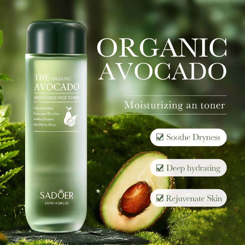 TONICO FACIAL HIDRATANTE DE AGUACATE, TEXTURA CLARA, HIDRA INMEDIATAMENTE Y REFRESCA, FACIL DE ABSORBER SADOER THE ORGANIC AVOCADO 130ML