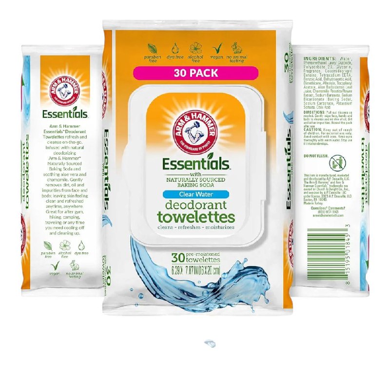 TOALLITAS HUMEDAS FACIALES CON BICARBONATO DE SODIO Y SENSACION DE AGUA FRESCA, TOALLITAS DESODORANTE QUE LIMPIAN, REFRESCAN ARM & HAMMER 30UND
